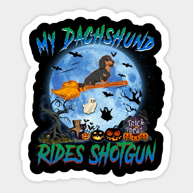 My Dachshund Rides Shotgun Witch Halloween Sticker by Bensonn